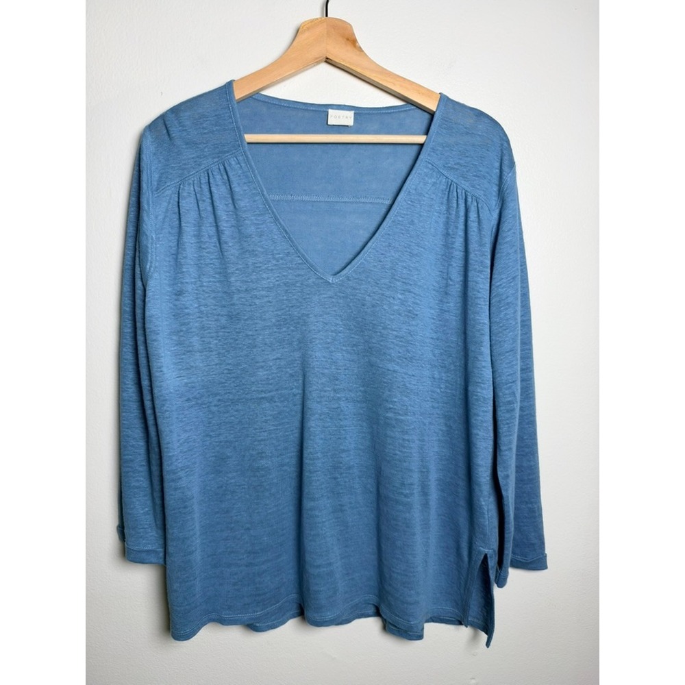 Poetry Long Sleeve Linen V-Neck Shirt Relaxed Fit Lightweight Blue size US 8